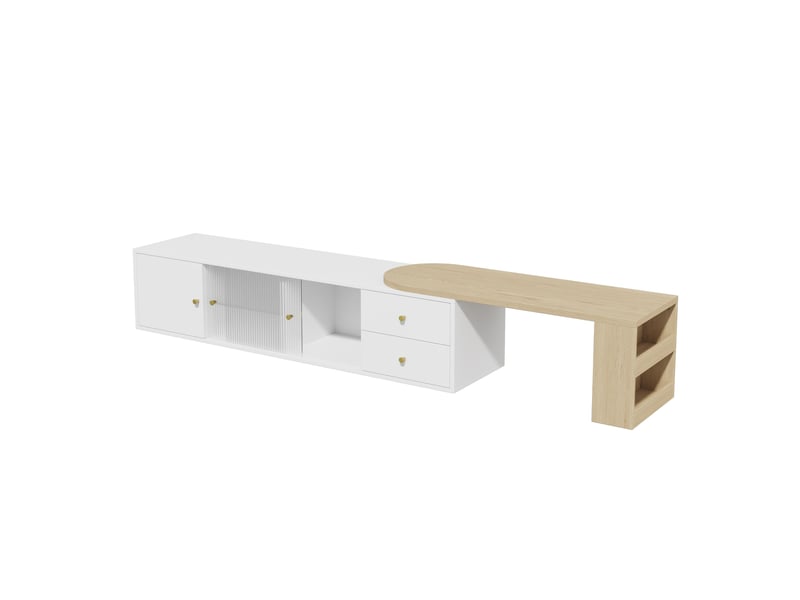 Meuble tv blanc et bois 175 cm, led, 2 tiroirs, 2 portes vitrées coulissantes - Conforama D