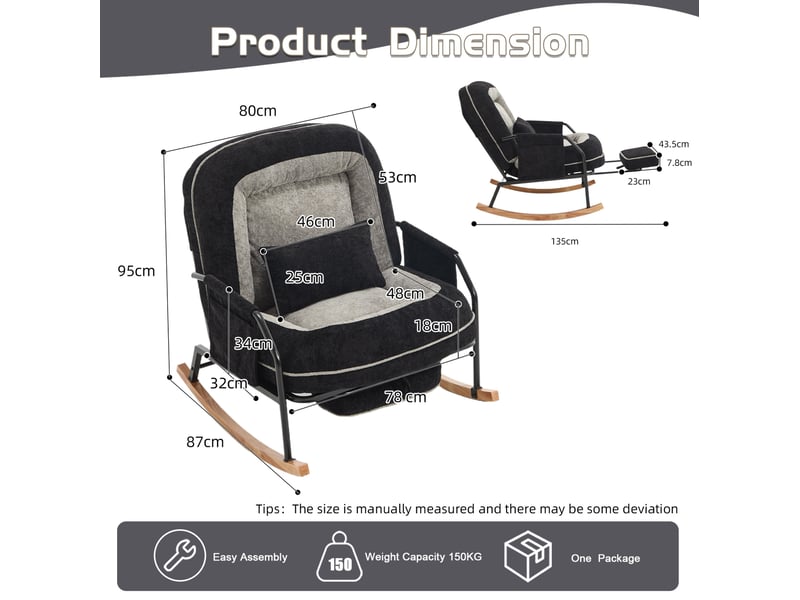  Fauteuil à bascule modenvie inclinable avec repose-pieds coulissant 80 x 87 x 95 cm fausse fourrure noir et gris  - Conforama C
