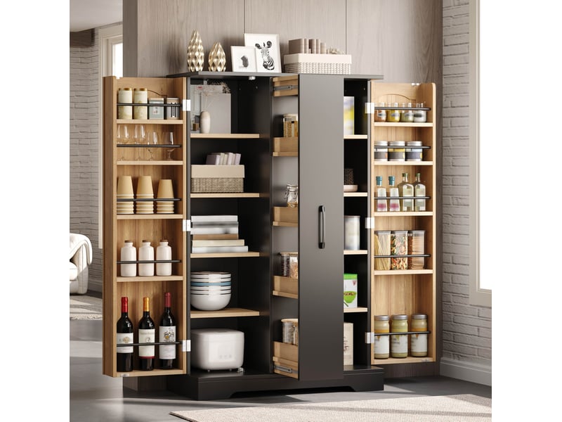  Buffet de cuisine 78 x 35 x 120 cm avec rangement vertical à 4 niveaux, 2 portes, étagères réglables, noir et naturel  - Conforama D