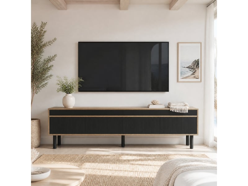  Meuble tv modenvie 170 x 38 x 47 cm 4 portes sans poignées noir et naturel  - Conforama E