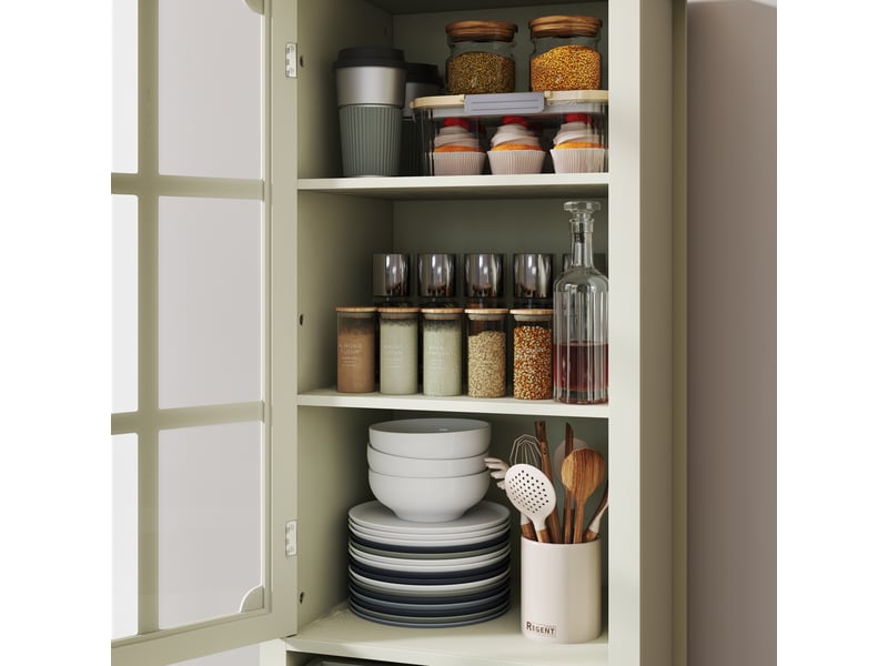  Buffet haut 50x40x133cm en mdf, bois et verre de sécurité avec porte vitrée et 2 tiroirs blanc crème chicfurn  - Conforama E