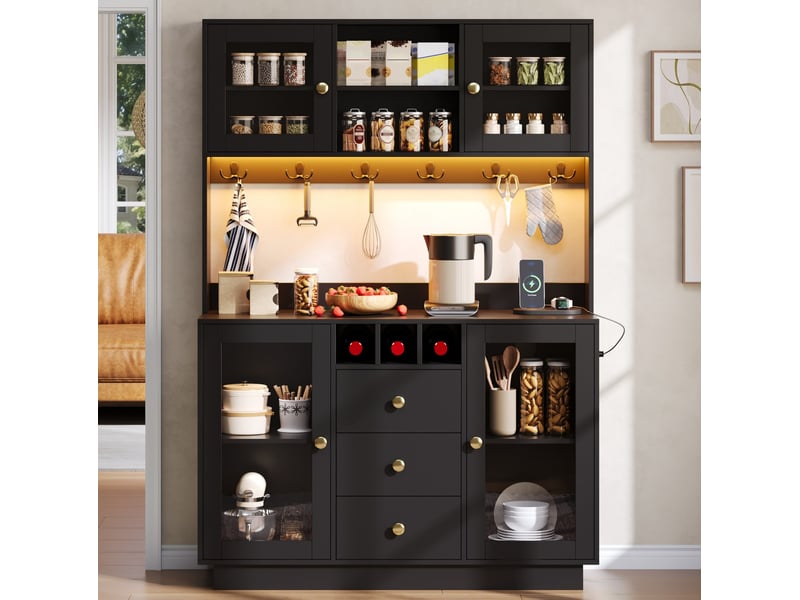  Buffet de cuisine haut avec 4 portes, 3 tiroirs, led rgb et prises pour cuisine en mdf noir 120 × 40 × 170 cm  - Conforama E