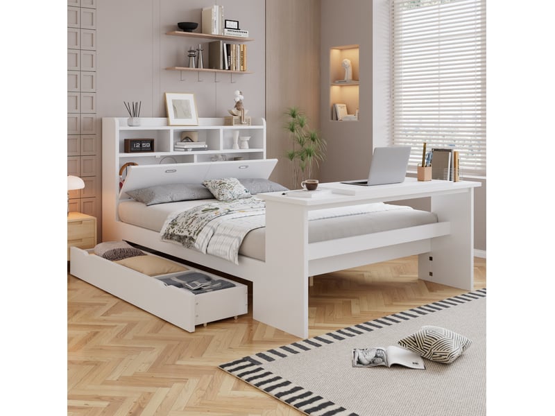 Lit 140x200 cm avec rangement, étagères de tête, tiroir et table inclinable blanc - Conforama E