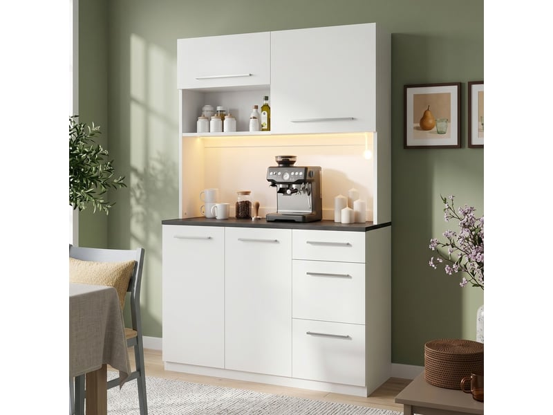 Buffet haut blanc 120x40x180 cm avec étagères, prises usb et bande lumineuse pour salle à manger - Conforama B
