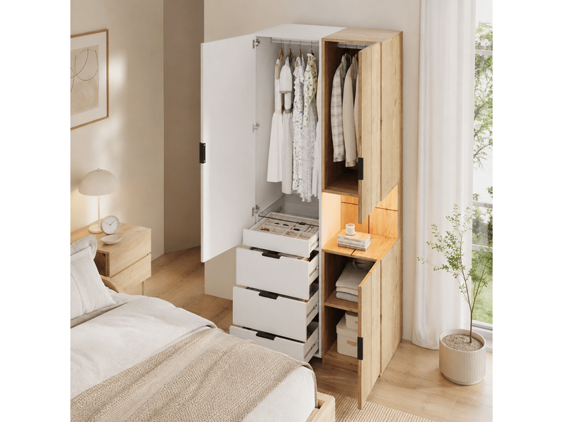  Armoire penderie 90 x 49 x 200 cm, éclairage led, 2 tringles, 4 tiroirs dont tiroir à bijoux, pour chambre et salon, mdf, blanc et naturel OMNIGLINT TRADING LTD - Conforama E