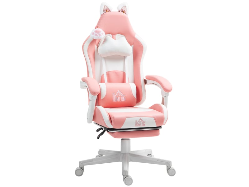  Fauteuil de jeu avec oreilles de chat, dossier inclinable, repose-pieds extensible, supporte jusqu'à 120 kg, rose et blanc.  - Conforama A
