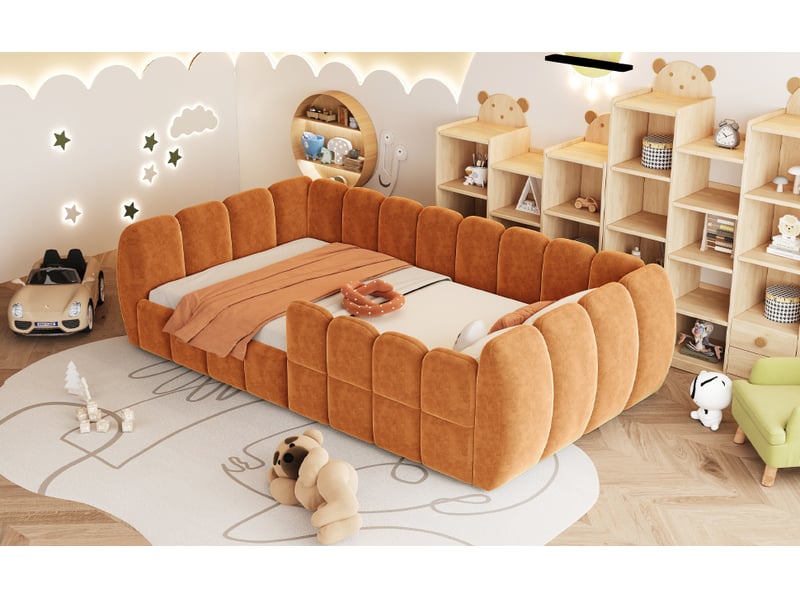  Lit enfant simple 90×200 cm capitonné en velours à bords arrondis - okmyhome- orange, sans matelas  - Conforama E