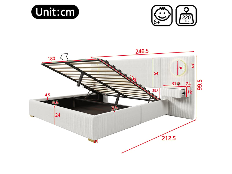  Lit coffre 180 x 200 cm en velours beige avec tête de lit led et ports usb  - Conforama E
