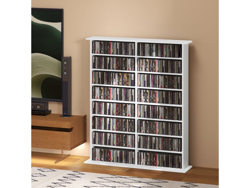  Rangements pour cd et dvd avec 16 compartiments et 12 étagères réglables, capacité max. 720 cd396 dvd et blu-ray, blanc  - Conforama B