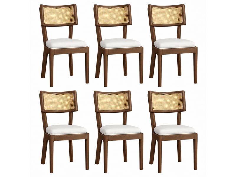  Lot de 6 chaises de salle à manger 50x58x88 cm avec dossier en rotin, bois massif, noyer et beige  - Conforama A