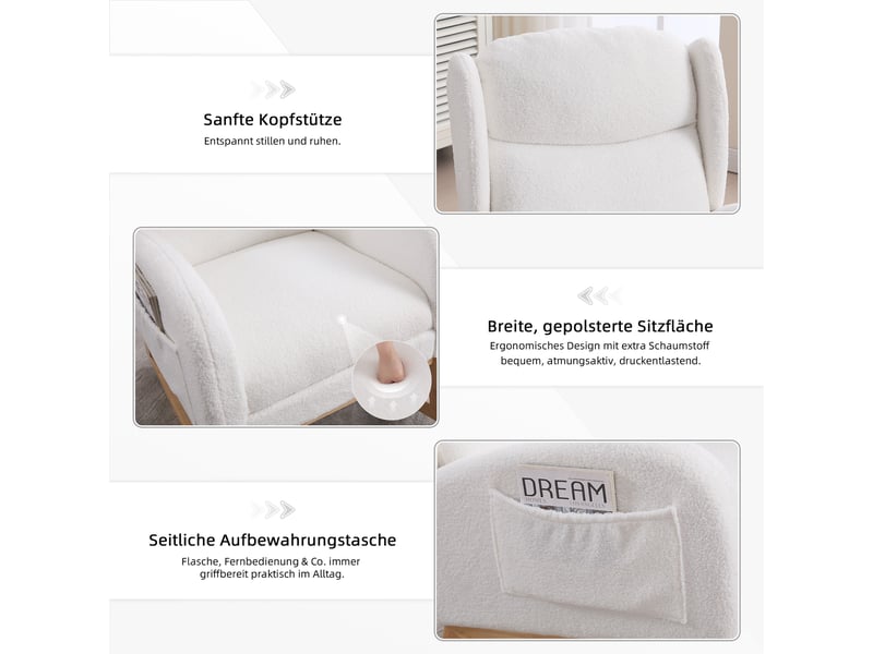 Fauteuil à bascule ergonomique avec repose-pieds pliable et poches de rangement en tissu teddy blanc - Conforama E