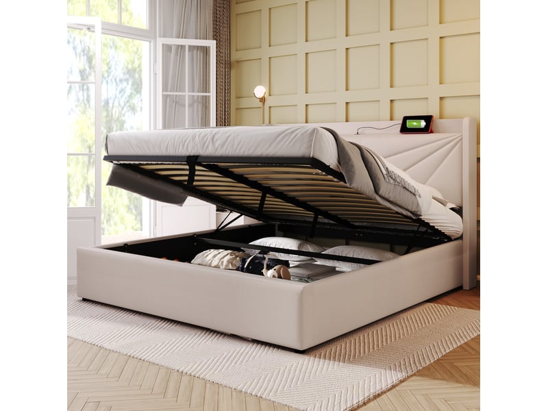  Modenvie lit coffre 180x200 cm - avec rangement intégré, ports usb et usb-c - sans matelas - beige  - Conforama B