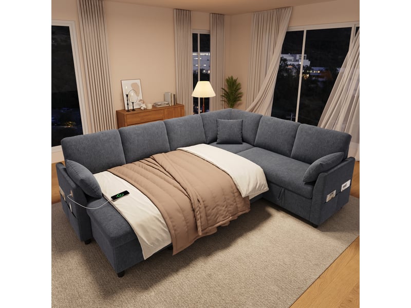  Canapé d'angle en l ou en u – 6 places – avec coffre de rangement – ​​avec ports usbtype-c – avec 3 coussins – gris  - Conforama R
