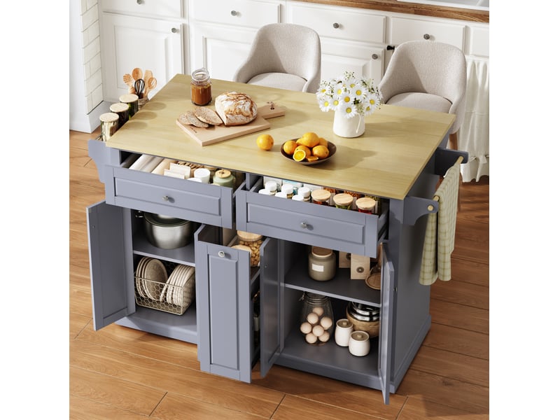  Île de cuisine mobile avec plateau de travail pliant, chariot de cuisine, meuble de rangement, avec 2 grands tiroirs verticaux, 2 grands tiroirs et roues verrouillables, 121 × 49 (69) × 89 cm  - Conforama D