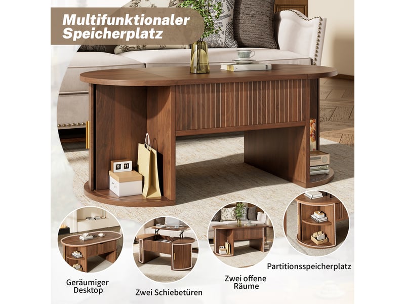  Table basse ovale à plateau relevable avec rangement - lpospi - portes coulissantes, mdf noyer, 100 × 50 × 40,5 cm  - Conforama E