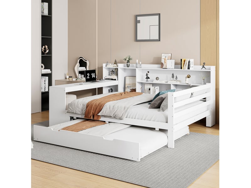  Lit multifonction 140x200 cm avec bureau, rangements, lit gigogne et prises, blanc  - Conforama E