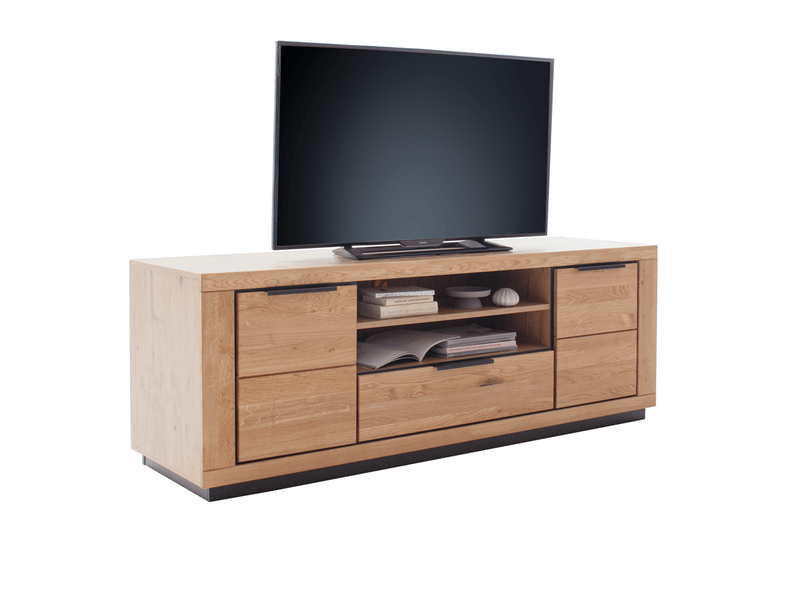  Meuble tv 2 portes 1 tiroir et 2 niches ouvertes coloris chêne massif huilé - longueur 183 x hauteur 65 x profondeur 54 cm  - Conforama D