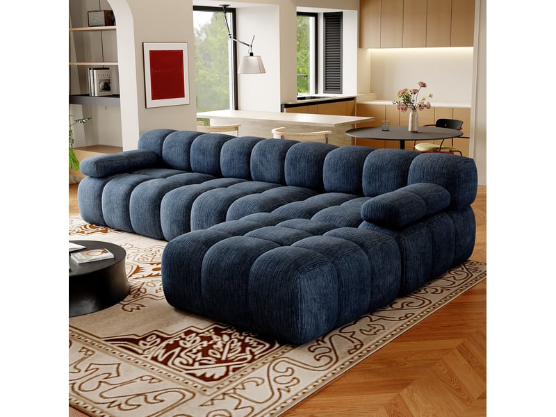 Canapé d’angle droit 4 places 300x200 cm – bleu – tissu chenille, mousse et assise confortable au quotidien - Conforama B