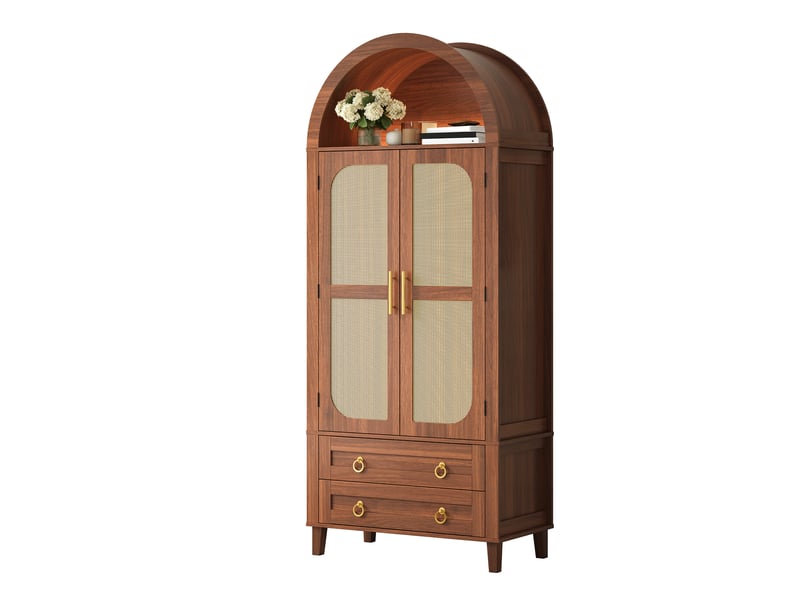  Armoire de rangement 76x40x179,5 cm, portes doubles en rotin, led dimmable par app, organiseur de porte et 2 tiroirs, noyer ABC - Conforama A