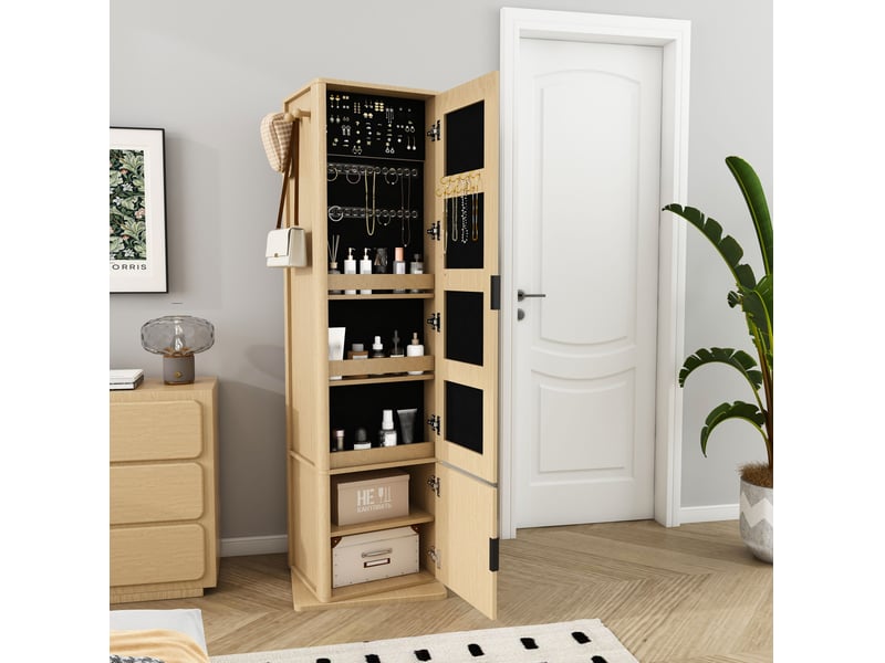 Armoire à bijoux modenvie pivotante 360° avec miroir sur pied, rangement 4 en 1, 50 x 50 x 170 cm, décor chêne clair - Conforama B