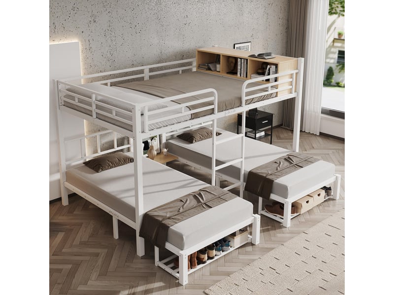  Lit superposé 140x200&amp;2x 90x200 cm - lit famille triple métal  avec étagère, rangement chaussures - blanc  - Conforama D