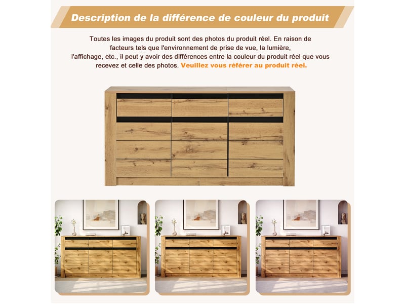 Buffet bois naturel commode 3 tiroirs meuble de rangement 140 cm - 3 portes - Conforama E