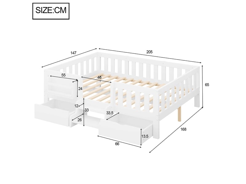  Lit enfant 140x200 cm avec 2 tiroirs, bibliothèque, escalier d’accès, barrière de sécurité et sommier à lattes, bois, pour chambre d’enfant - blanc  - Conforama C