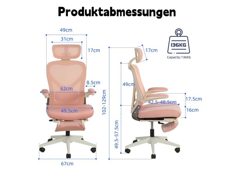  Chaise de bureau ergonomique inclinable avec dossier rabattable - lpospi - têtière 3d, maille et mousse - rose  - Conforama D