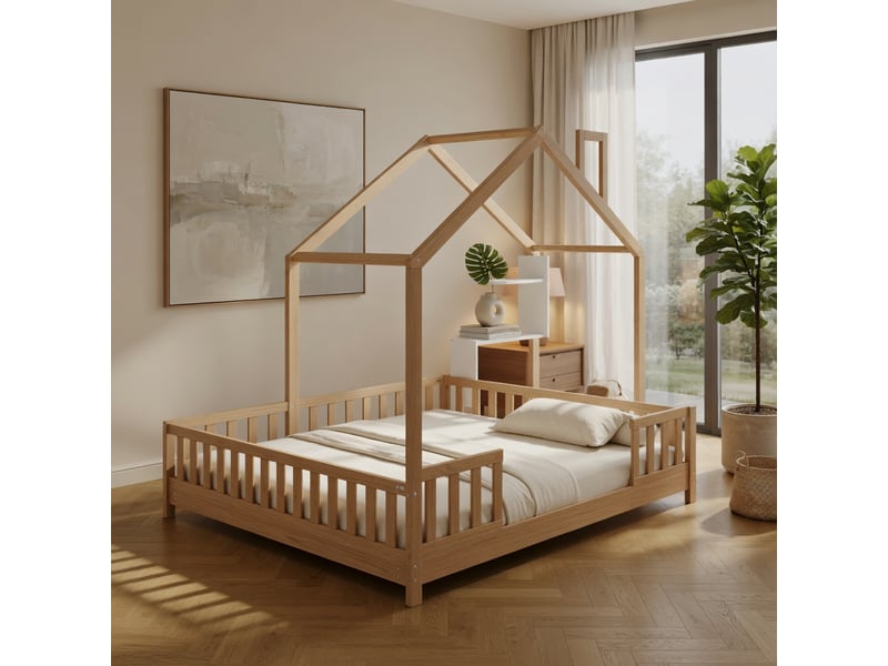 Gutenacht lit maison 90x200 cm bois avec fenêtres, cheminée, led et barrière  - Conforama C