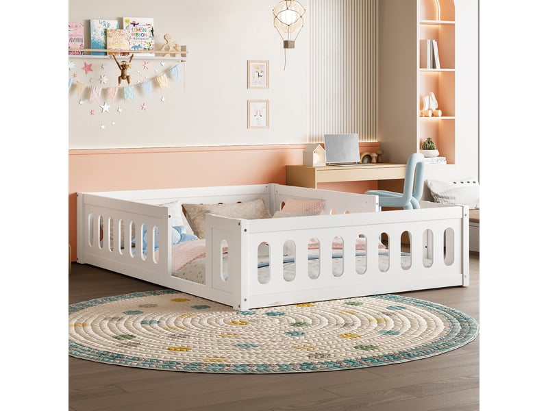  Lit plateforme 140x200 en bois massif blanc avec barrière de sécurité - design au sol  - Conforama B