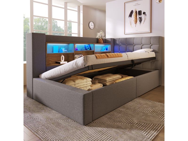  Lit coffre 90 × 200 en lin gris, tête de lit en l réversible, led et usb-c IKSETERA TRADING LTD - Conforama E