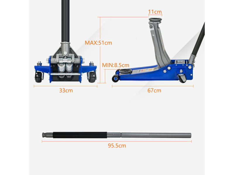  Cric hydraulique roulant 3 tonnes 67 x 33 cm bleu et argent, acier et aluminium, double pompe, profil bas  - Conforama C