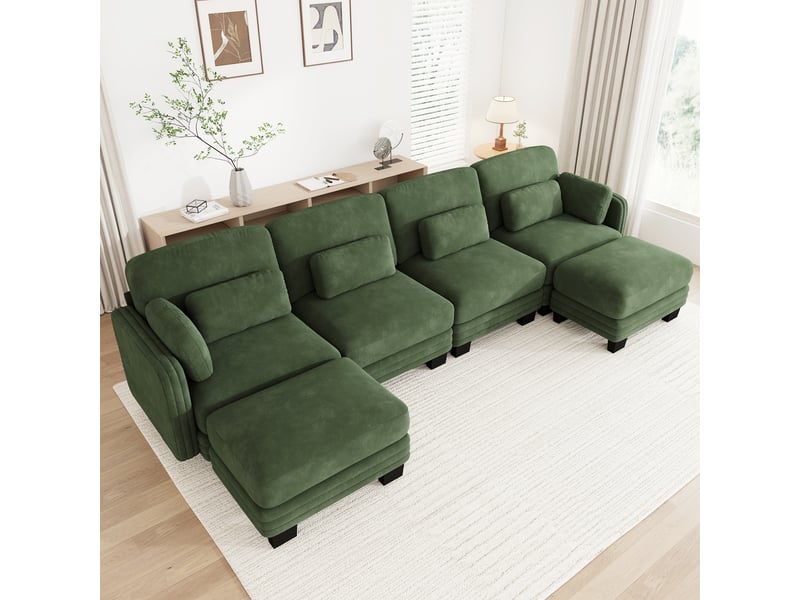 Canapé panoramique modulable en u 4 places avec 2 poufs, assise large et profonde, tissu chenille vert, cadre bois massif, 330 x 143 x 88 cm  - Conforama C