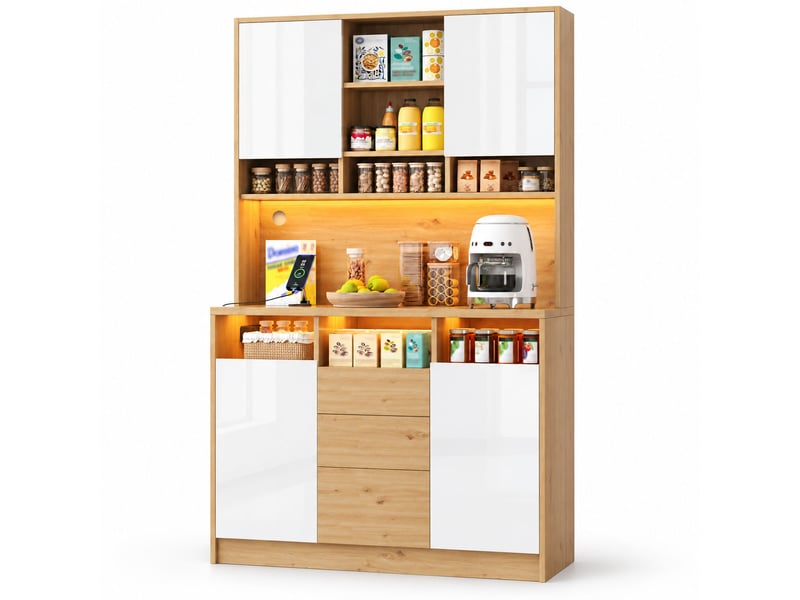 Armoire de cuisine haute 108x40x180cm, prises électriques, usb et led rgb connectée, 4 portes, 3 tiroirs, rangements réglables, blanc et bois - Conforama A
