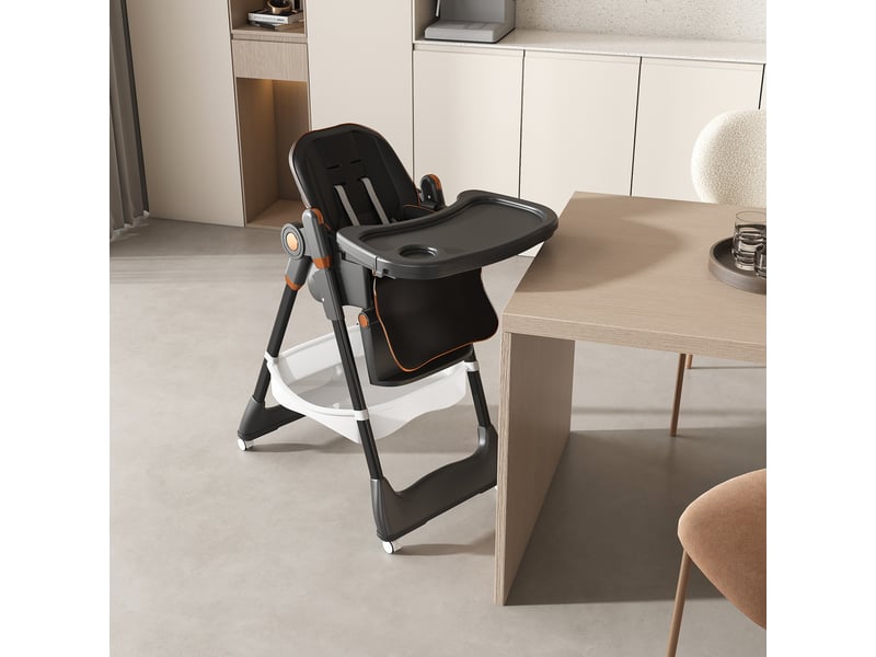  Chaise haute bébé pliable réglable avec harnais 5 points, roulettes verrouillables et panier, polypropylène noir  - Conforama B