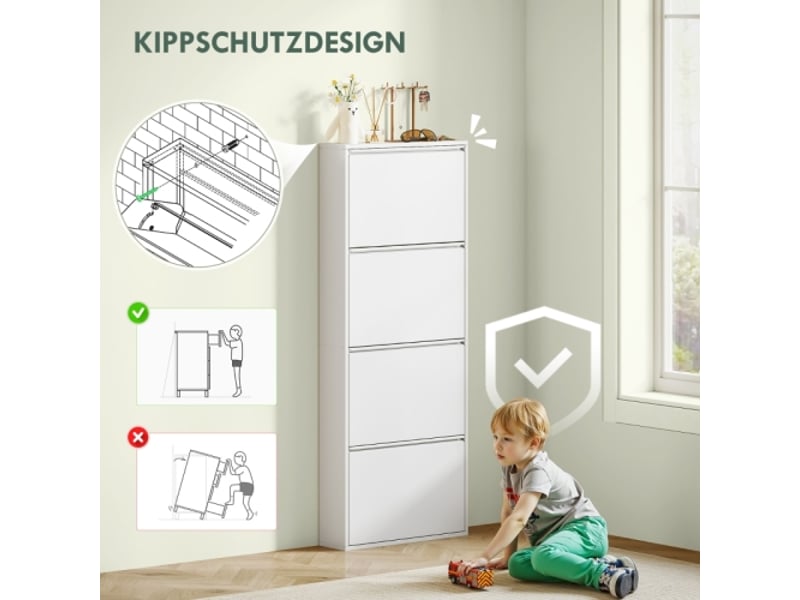  Meuble chaussures métal blanc, 4 abattants, 8 paires, mural, 55x15x139,5 cm  - Conforama D