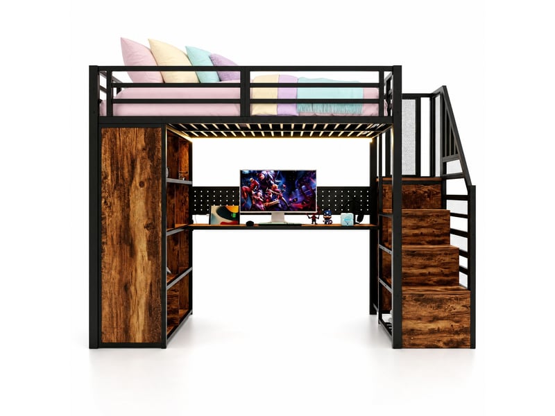  Lit mezzanine 90 × 200 cm 1 place avec bureau, led réglable, prise électrique et armoire, sans matelas, métal noir  - Conforama A