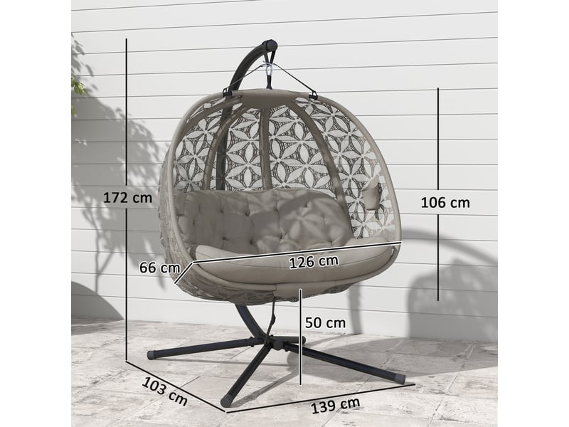  Chaise suspendue double 2 places, panier pliable, coussins moelleux, structure acier, porte-boissons, 240 kg, 126 x 126 x 176 cm  - Conforama C