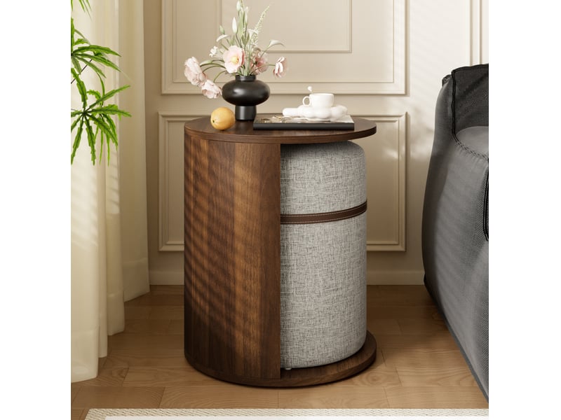  Table basse ronde avec tabouret rembourré encastrable en mdf et pin, noyer, pour salon et chambre, 38 × 38 × 47,5 cm  - Conforama C