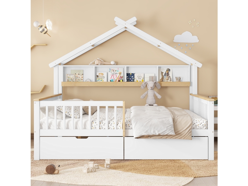Lit enfant 140x200 cm avec barrières, tiroirs à roulettes et étagère, blanc naturel - Conforama E