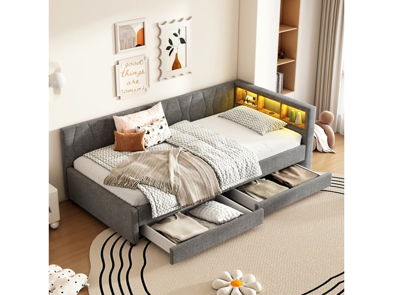 Modenvie lit banquette 90x200 cm - led télécommandée, usb-c et 2 tiroirs, sommier inclus, sans matelas - gris  - Conforama E