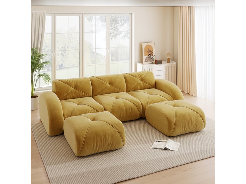 Canapé modulaire en u avec 2 poufs, assise en mousse dense et tissu chenille pour salon, jaune - Conforama D
