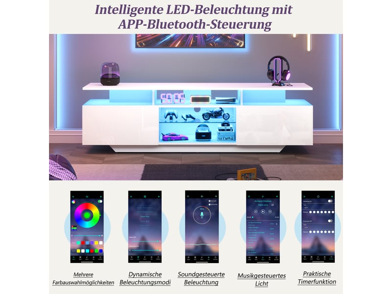  Meuble tv blanc laqué 160x40x45 cm avec led, 2 armoires et 8 étagères – design moderne, support tv jusqu’à 70 pouces  - Conforama D