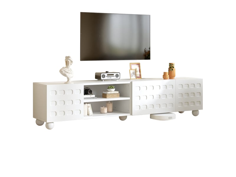  Meuble tv 200 cm blanc 3 portes avec motifs imprimés, pour téléviseur jusqu'à 80 pouces, 5 pieds stables  - Conforama A