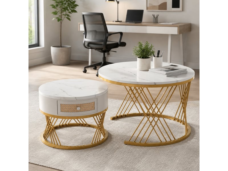  Table basse ronde, 70x70x45,5 cm, 2 pièces avec rangement, mdf, blanc  - Conforama B