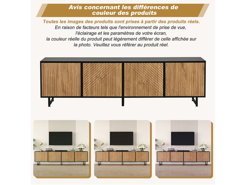  Meuble tv avec 4 portes et 4 compartiments pour salon 180×40×50 cm en panneaux de particules naturel et noir  - Conforama D