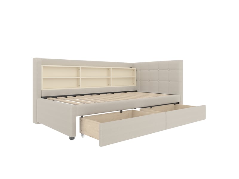  Lit banquette beige 90x200 cm avec 2 tiroirs, rangements, usb et type-c  - Conforama E