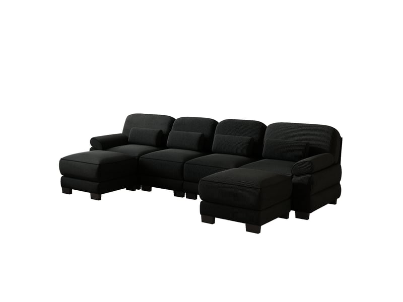  Canapé modulable u 4 places en velours côtelé noir avec 2 ottomans et assise profonde  - Conforama E
