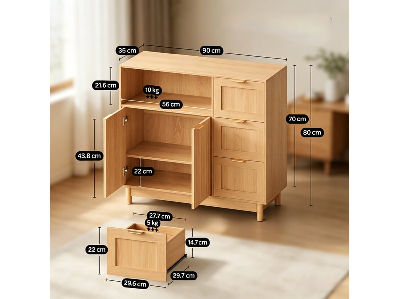  Buffet de cuisine avec 3 tiroirs et étagères réglables - lpospi - mdf et panneaux de particules bois  - Conforama D