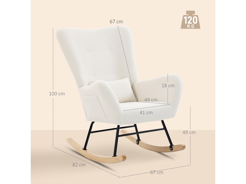  Fauteuil à bascule, rocking chair en peluche teddy avec dossier haut, coussin, pieds en bois d'hévéa, crème  - Conforama E